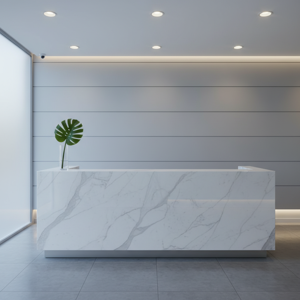 A polished marble reception desk with clean geometric edges, set against a background of smooth, light-grey wall panels and subtle recessed lighting. The space exudes order and efficiency, with a minimalist vase holding a single green leaf adding a touch of organic contrast. Cool-toned, balanced lighting from overhead spots and diffused natural side light work together to eliminate harsh shadows and create a smooth, inviting ambience. The shot is composed with strict horizontal and vertical lines, centered at desk level, embodying a corporate look with clean realism—perfect for a real estate office environment.