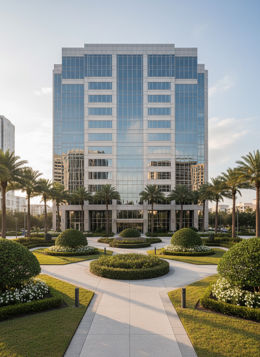 A sophisticated glass-fronted office building with clean, reflective windows and subtle brushed metal accents, standing amidst meticulously manicured landscaping with neutral-toned stone pathways and symmetrical shrubbery. The scene is set in a serene urban business district in Florida, under soft, early morning light that casts smooth, elongated shadows and enhances the clarity of the architectural lines. The composition is centered and balanced, photographed at eye level with a slightly wide lens to impart a sense of stability and professionalism. The overall mood is calm, authoritative, and inviting, with a highly realistic, photographic style suitable for a corporate real estate site.