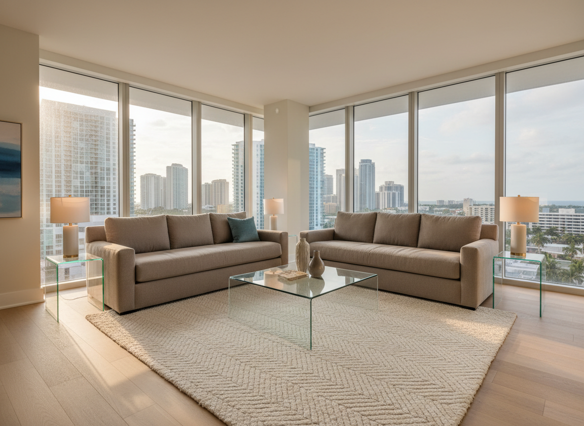 An elegantly staged modern living room in a luxury Florida condominium, featuring plush taupe sofas with fine linen upholstery, a sleek glass coffee table, and a textured ivory area rug. The room is bathed in gentle late-afternoon sunlight filtering through large floor-to-ceiling windows with views of the city skyline. The neutral palette is complemented by light oak flooring and minimalist décor pieces. Photographed from a slightly elevated diagonal angle, using soft natural lighting to create a tranquil and welcoming atmosphere, with crisp details and balanced composition that evoke a sense of both comfort and high-end professionalism, aligning with a contemporary photographic style.