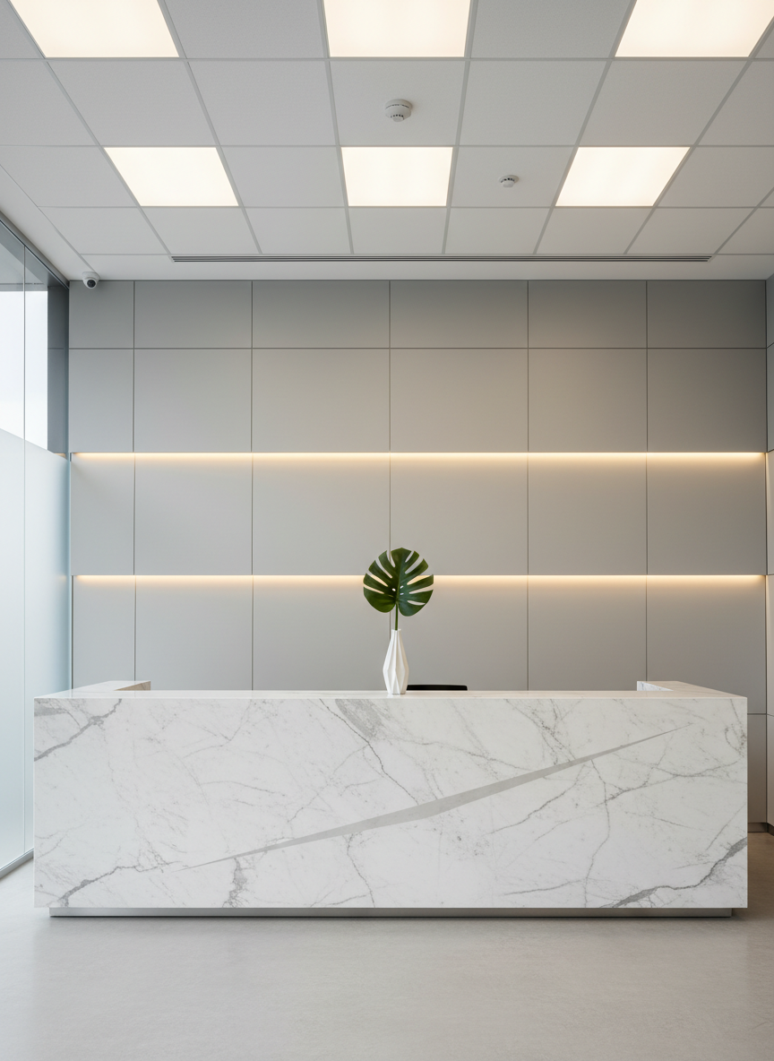 A polished marble reception desk with clean geometric edges, set against a background of smooth, light-grey wall panels and subtle recessed lighting. The space exudes order and efficiency, with a minimalist vase holding a single green leaf adding a touch of organic contrast. Cool-toned, balanced lighting from overhead spots and diffused natural side light work together to eliminate harsh shadows and create a smooth, inviting ambience. The shot is composed with strict horizontal and vertical lines, centered at desk level, embodying a corporate look with clean realism—perfect for a real estate office environment.