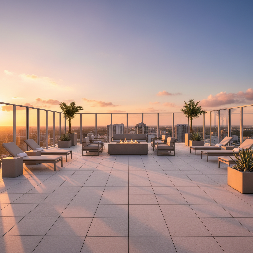 A panoramic view of a private rooftop terrace on a premium Florida apartment building, featuring sleek glass railings and large, neutral stone pavers. Modern, understated patio furniture, such as taupe loungers and a geometric fire pit, are artfully arranged in a structured layout. The terrace overlooks a cityscape at sunset, with soft golden light highlighting the clean lines and neutral palette of the space while casting elongated, gentle shadows. The composition follows the rule of thirds for a sophisticated balance, captured with a wide-angle lens for depth and grandeur. The mood is serene yet aspirational, aligning clean photographic realism with a corporate, top-tier real estate aesthetic.