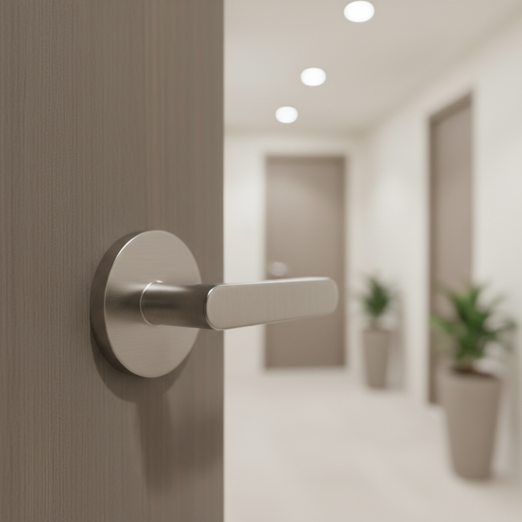 A close-up of a high-end, stainless steel door handle affixed to a matte, neutral-toned wooden door, set within an upscale condominium corridor. The handle's slight sheen catches soft, indirect hallway lighting, showcasing the precision of its brushed metal and flawless installation. The corridor background fades into gentle bokeh, keeping the focus sharp on the handle and subtle door grain. Captured at a low, side-on angle, the image embraces simplicity and structure, embodying trustworthy professionalism with a crisp, photographic-realistic style tailored for luxury property features.
