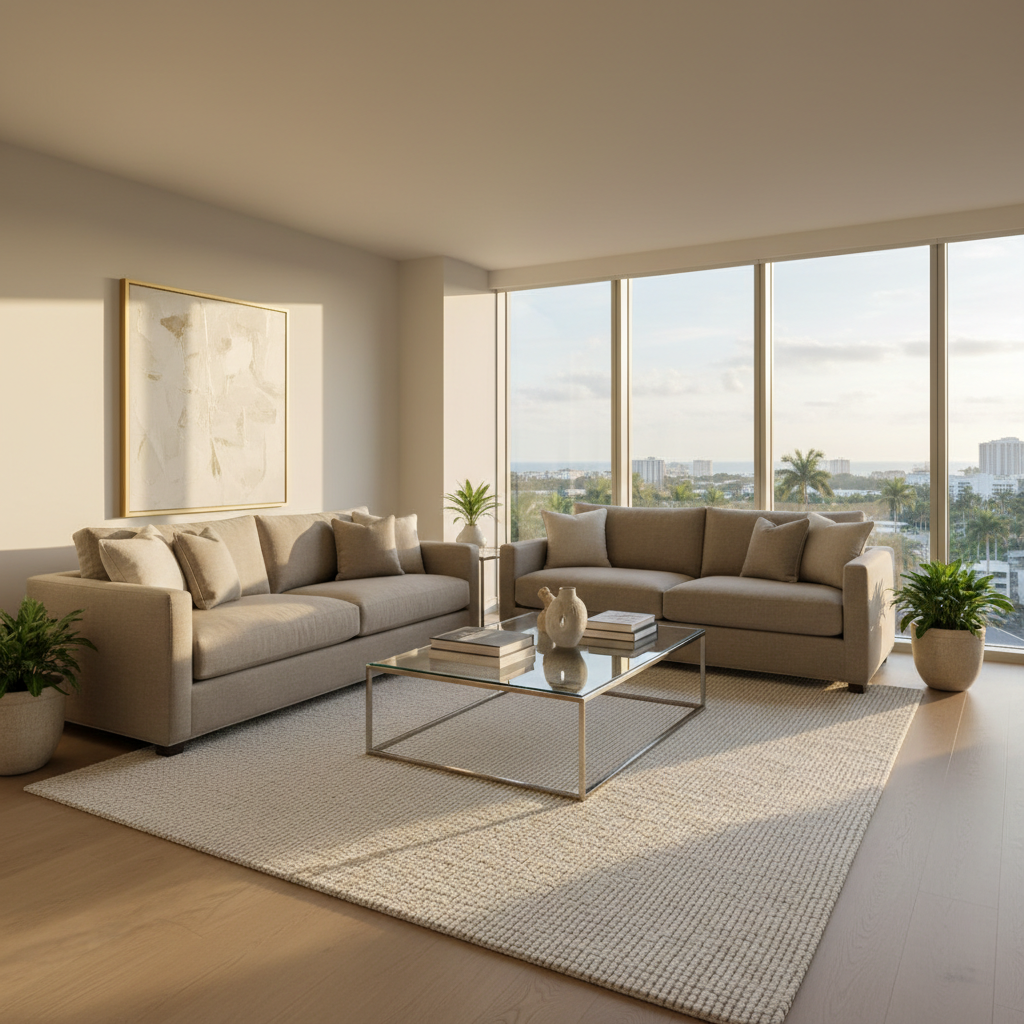 An elegantly staged modern living room in a luxury Florida condominium, featuring plush taupe sofas with fine linen upholstery, a sleek glass coffee table, and a textured ivory area rug. The room is bathed in gentle late-afternoon sunlight filtering through large floor-to-ceiling windows with views of the city skyline. The neutral palette is complemented by light oak flooring and minimalist décor pieces. Photographed from a slightly elevated diagonal angle, using soft natural lighting to create a tranquil and welcoming atmosphere, with crisp details and balanced composition that evoke a sense of both comfort and high-end professionalism, aligning with a contemporary photographic style.