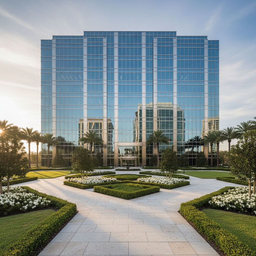 A sophisticated glass-fronted office building with clean, reflective windows and subtle brushed metal accents, standing amidst meticulously manicured landscaping with neutral-toned stone pathways and symmetrical shrubbery. The scene is set in a serene urban business district in Florida, under soft, early morning light that casts smooth, elongated shadows and enhances the clarity of the architectural lines. The composition is centered and balanced, photographed at eye level with a slightly wide lens to impart a sense of stability and professionalism. The overall mood is calm, authoritative, and inviting, with a highly realistic, photographic style suitable for a corporate real estate site.